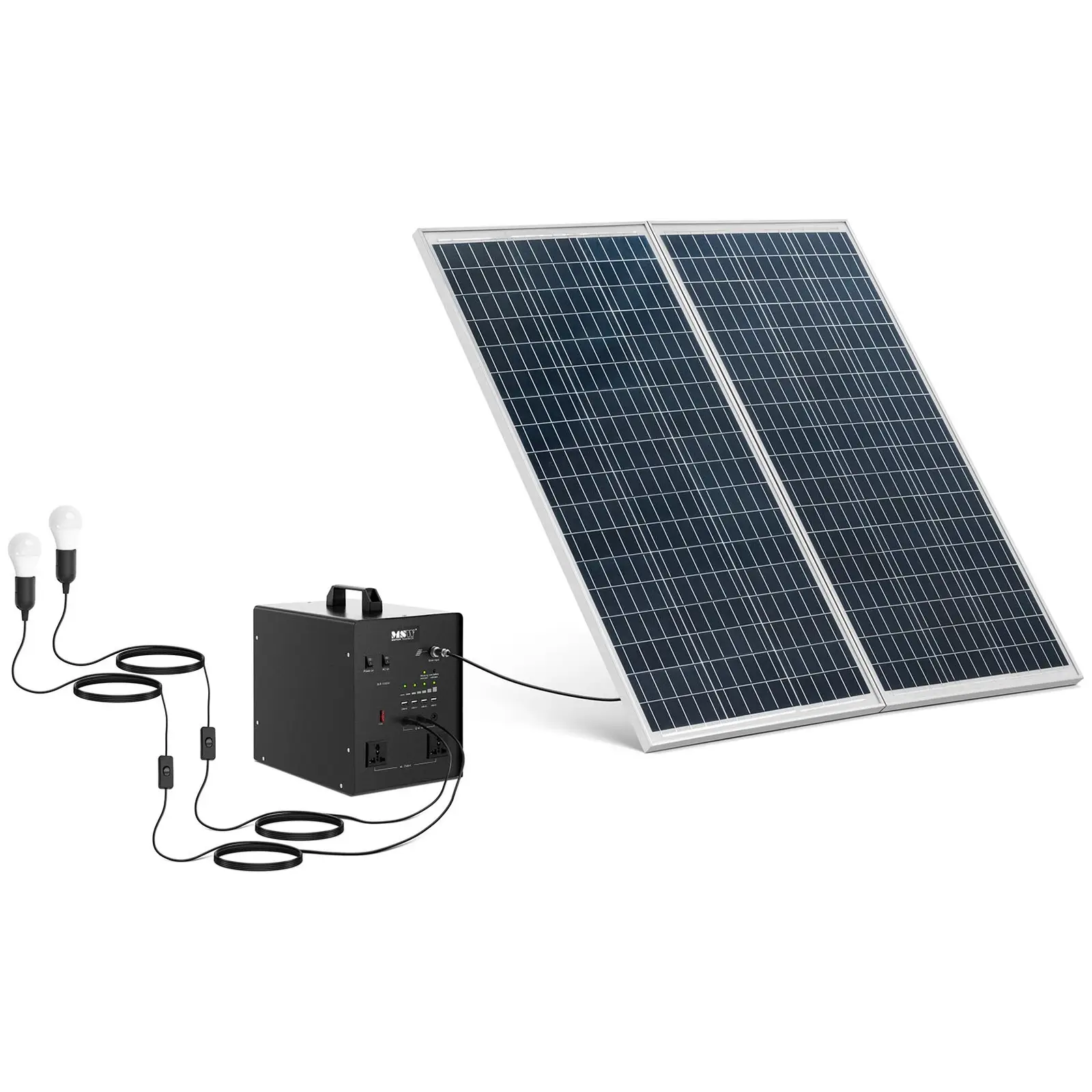 Solar Power Station - 1000 W - 5 / 12 /230 V - 2 LED-Lights